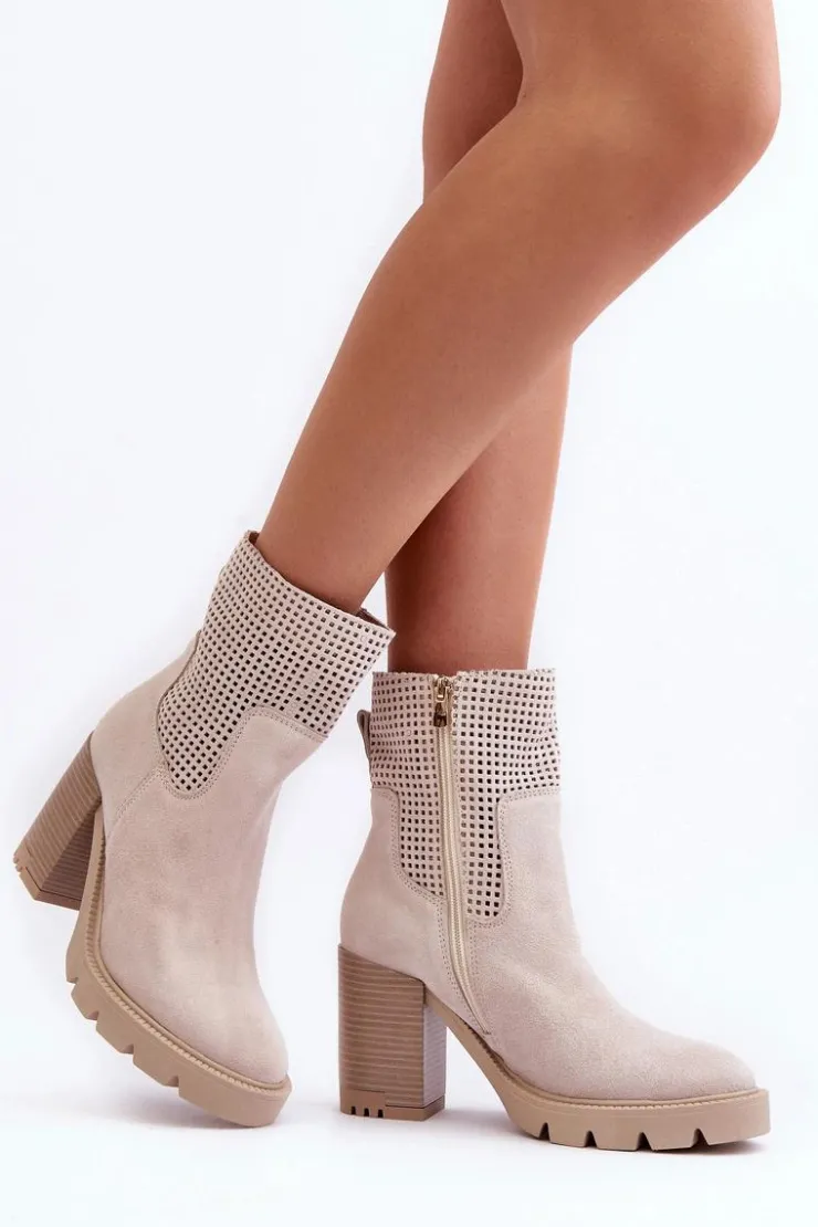 Hot Boto Zamszowe Ażurowe Botki Damskie Na Słupku Jasnobeżowe Lewski 3386 Beżowy