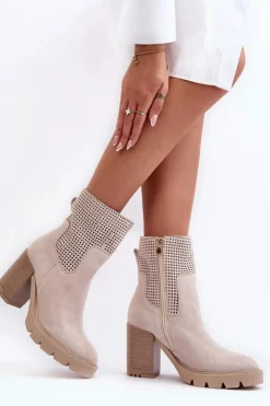 Hot Boto Zamszowe Ażurowe Botki Damskie Na Słupku Jasnobeżowe Lewski 3386 Beżowy
