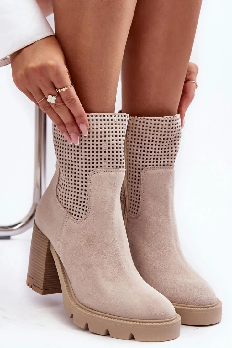 Hot Boto Zamszowe Ażurowe Botki Damskie Na Słupku Jasnobeżowe Lewski 3386 Beżowy