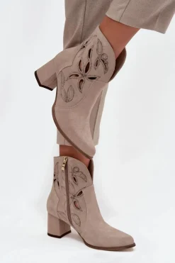 Damskie Zazoo Zamszowe Ażurowe Botki Damskie Na Słupku 3647 Cappuccino