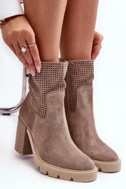 Damskie Boto Zamszowe Ażurowe Botki Damskie Na Słupku Beżowe Lewski 3386