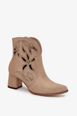 Zazoo Botki Skórzane|Botki Na Słupku*Zamszowe Ażurowe Botki Damskie Na Słupku 3647 Beżowe Beżowy
