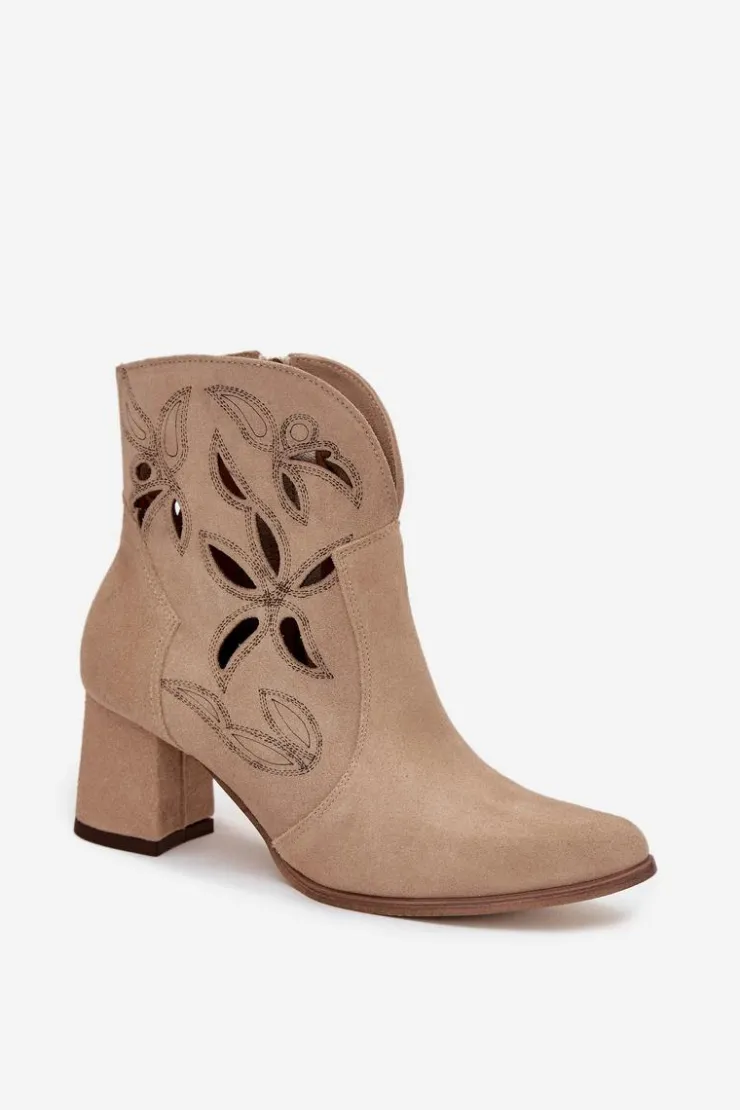 Zazoo Botki Skórzane|Botki Na Słupku*Zamszowe Ażurowe Botki Damskie Na Słupku 3647 Beżowe Beżowy
