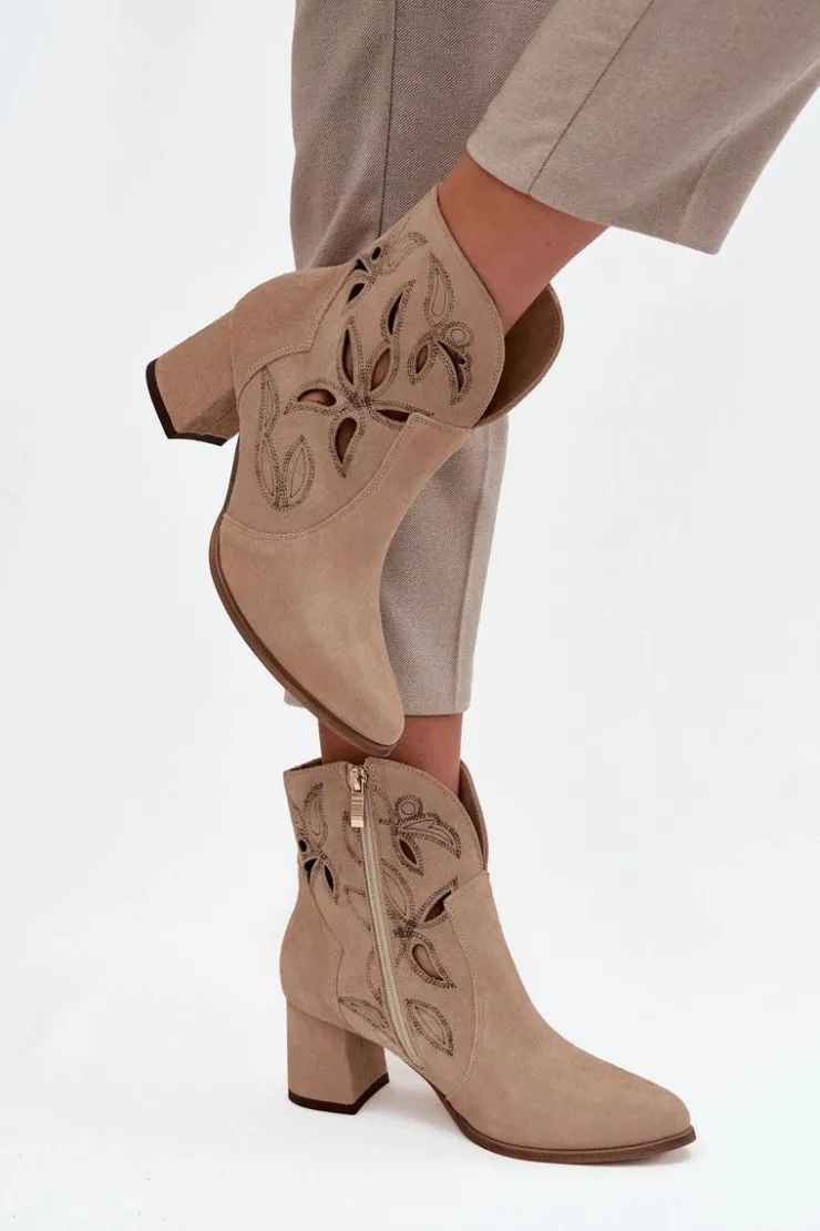 Zazoo Botki Skórzane|Botki Na Słupku*Zamszowe Ażurowe Botki Damskie Na Słupku 3647 Beżowe Beżowy