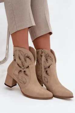 Zazoo Botki Skórzane|Botki Na Słupku*Zamszowe Ażurowe Botki Damskie Na Słupku 3647 Beżowe Beżowy