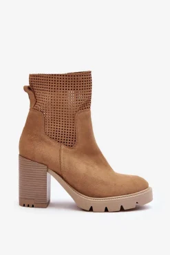 Boto Botki Wiosenne|Botki Skórzane*Zamszowe Ażurowe Botki Damskie Na Słupku Camel Lewski 3386 Brązowy