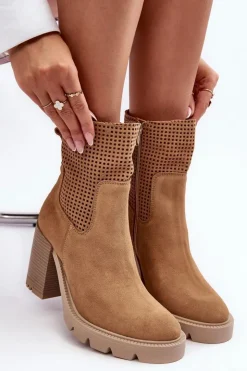 Boto Botki Wiosenne|Botki Skórzane*Zamszowe Ażurowe Botki Damskie Na Słupku Camel Lewski 3386 Brązowy