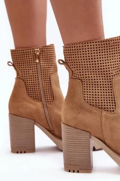Boto Botki Wiosenne|Botki Skórzane*Zamszowe Ażurowe Botki Damskie Na Słupku Camel Lewski 3386 Brązowy