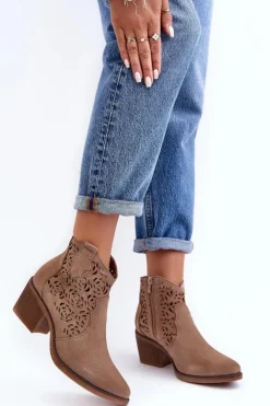 Damskie Damskie buty S.Barski Zamszowe Ażurowe Botki Kowbojki D&A SN622-21 Ciemnobeżowe