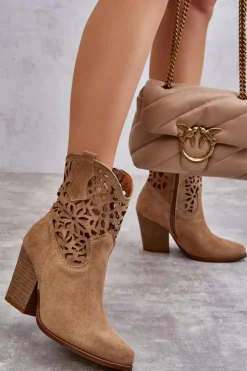 Boto Botki Wiosenne|Botki Na Słupku*Zamszowe Ażurowe Botki Kowbojki Lewski Shoes 3265 Ciemnobeżowe