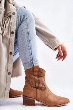 Damskie Boto Zamszowe Ażurowe Botki Kowbojki Z Przeszyciem Camel Elvire
