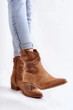 Damskie Boto Zamszowe Ażurowe Botki Kowbojki Z Przeszyciem Camel Elvire