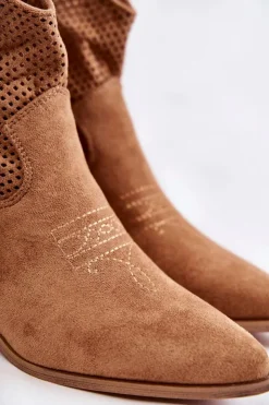 Damskie Boto Zamszowe Ażurowe Botki Kowbojki Z Przeszyciem Camel Elvire