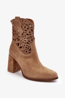 Damskie Boto Zamszowe Ażurowe Botki Lewski Shoes 3264 Ciemnobeżowe