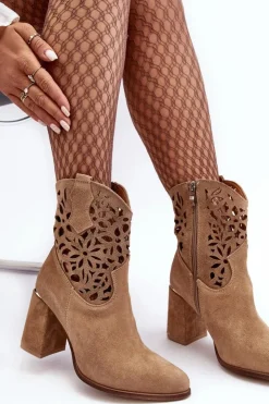 Damskie Boto Zamszowe Ażurowe Botki Lewski Shoes 3264 Ciemnobeżowe