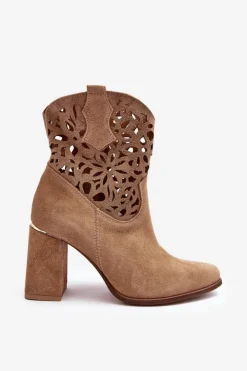 Damskie Boto Zamszowe Ażurowe Botki Lewski Shoes 3264 Ciemnobeżowe