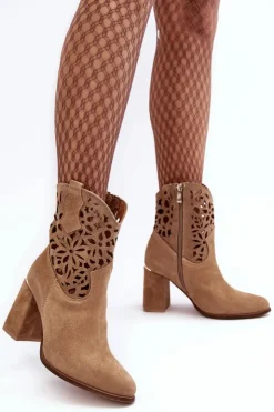 Damskie Boto Zamszowe Ażurowe Botki Lewski Shoes 3264 Ciemnobeżowe