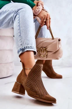 Boto Botki Wiosenne|Botki Na Słupku*Zamszowe Ażurowe Botki Lewski Shoes 3165 Camel