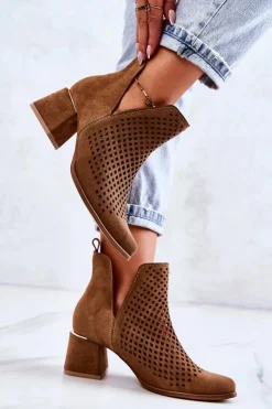 Boto Botki Wiosenne|Botki Na Słupku*Zamszowe Ażurowe Botki Lewski Shoes 3165 Camel