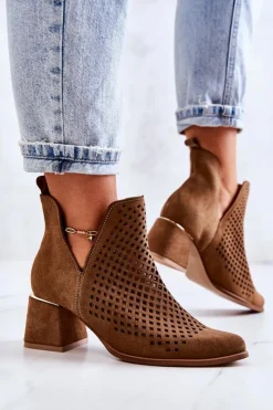 Boto Botki Wiosenne|Botki Na Słupku*Zamszowe Ażurowe Botki Lewski Shoes 3165 Camel