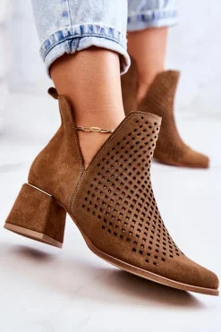 Boto Botki Wiosenne|Botki Na Słupku*Zamszowe Ażurowe Botki Lewski Shoes 3165 Camel