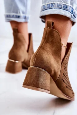 Boto Botki Wiosenne|Botki Na Słupku*Zamszowe Ażurowe Botki Lewski Shoes 3165 Camel