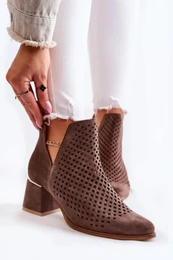 Damskie Boto Zamszowe Ażurowe Botki Lewski Shoes 3165 Brązowe
