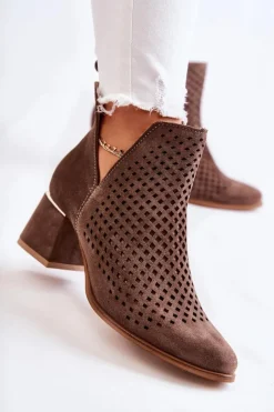 Damskie Boto Zamszowe Ażurowe Botki Lewski Shoes 3165 Brązowe