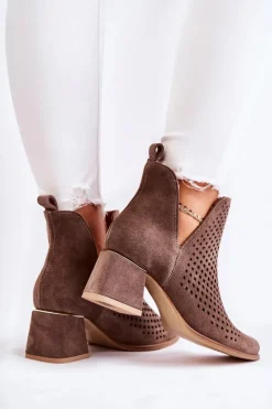 Damskie Boto Zamszowe Ażurowe Botki Lewski Shoes 3165 Brązowe