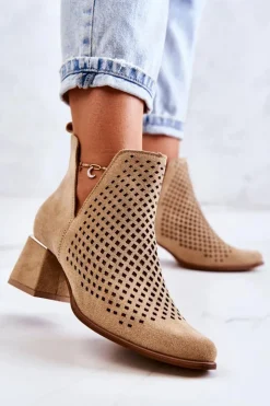 Discount Boto Zamszowe Ażurowe Botki Lewski Shoes 3165 Beżowe