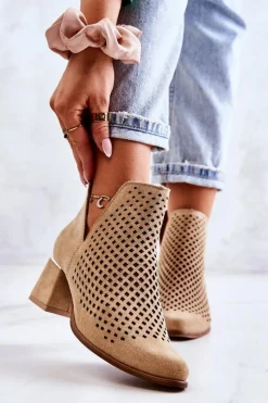 Discount Boto Zamszowe Ażurowe Botki Lewski Shoes 3165 Beżowe