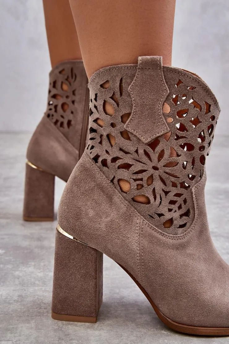 Boto Botki Wiosenne|Botki Skórzane*Zamszowe Ażurowe Botki Lewski Shoes 3264 Jasnobrązowe