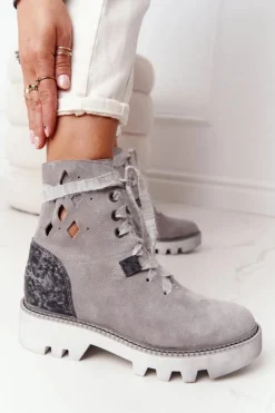 Maciejka Botki Wiosenne|Botki Maciejka*Zamszowe Ażurowe Botki Popielate 05033-03