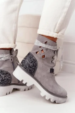 Maciejka Botki Wiosenne|Botki Maciejka*Zamszowe Ażurowe Botki Popielate 05033-03