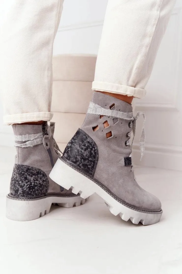 Maciejka Botki Wiosenne|Botki Maciejka*Zamszowe Ażurowe Botki Popielate 05033-03