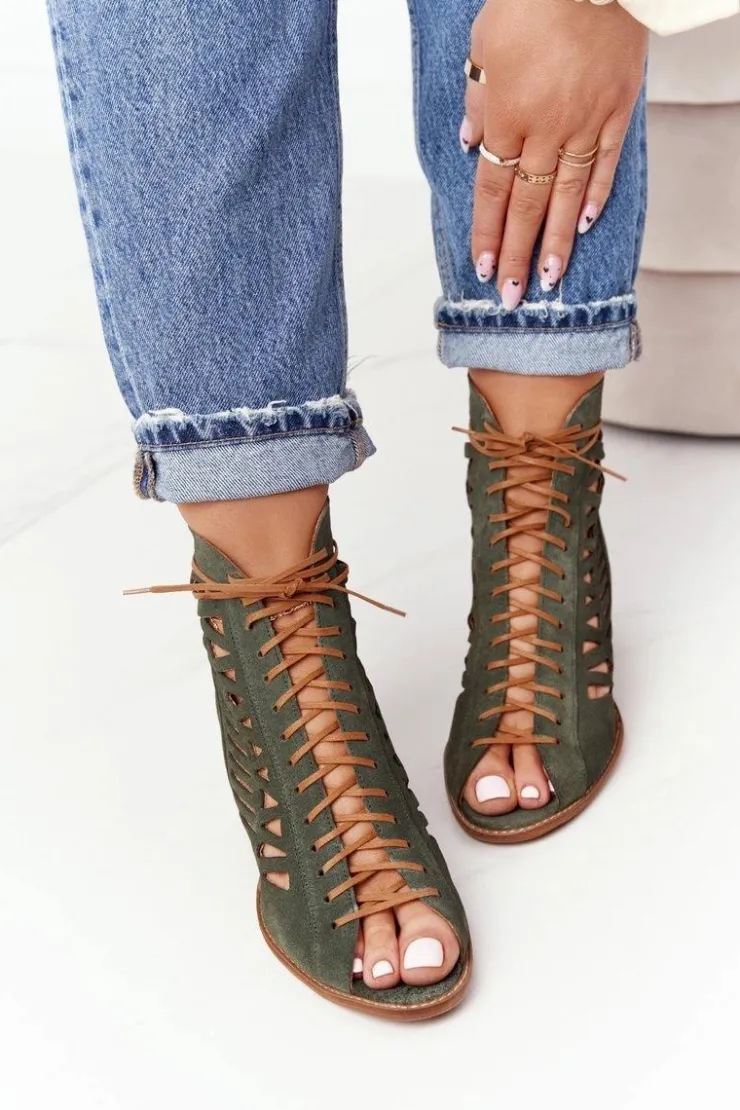 Maciejka Botki Wiosenne|Botki Maciejka*Zamszowe Ażurowe Botki Zielone 04040-09