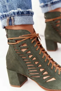 Maciejka Botki Wiosenne|Botki Maciejka*Zamszowe Ażurowe Botki Zielone 04040-09