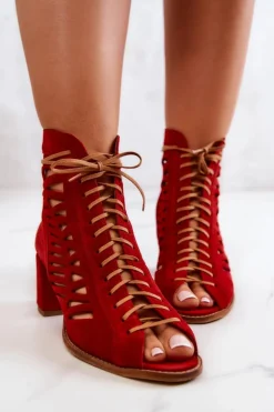 New Maciejka Zamszowe Ażurowe Botki Czerwone 04040-08