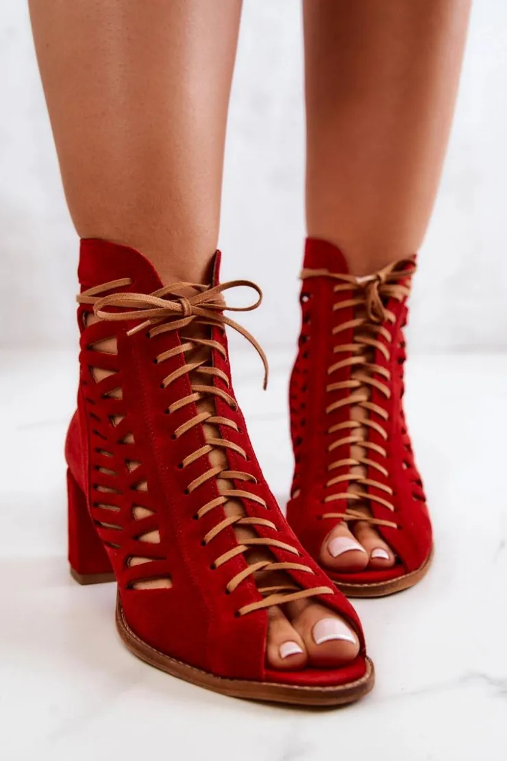 New Maciejka Zamszowe Ażurowe Botki Czerwone 04040-08