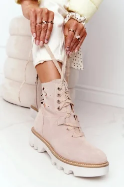 Discount Maciejka Zamszowe Ażurowe Botki Beżowe 05033-04