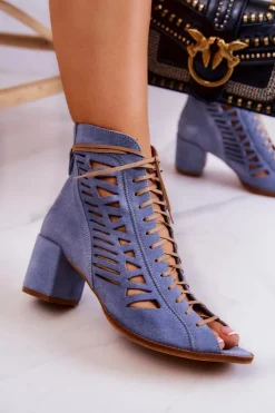 Damskie Maciejka Zamszowe Ażurowe Botki 04040-34 Niebieskie