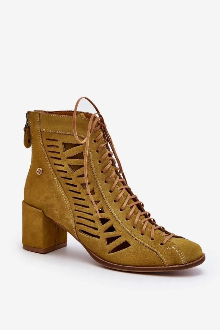Damskie Maciejka Zamszowe Ażurowe Botki 05508-24 Oliwkowe