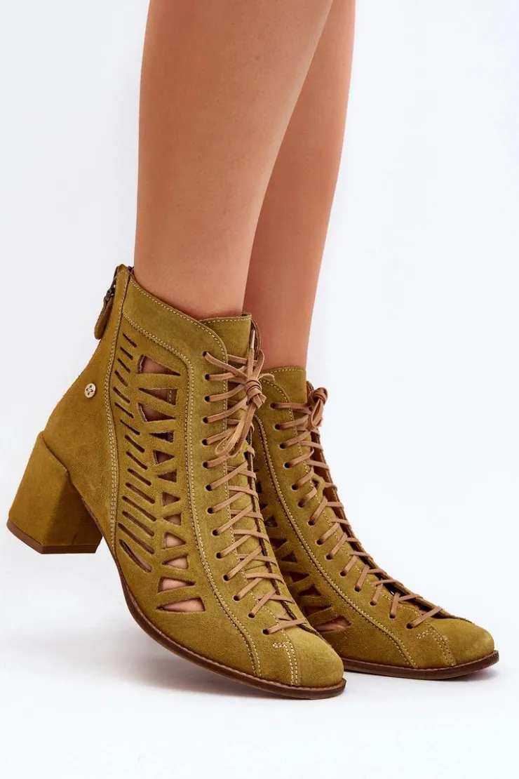 Damskie Maciejka Zamszowe Ażurowe Botki 05508-24 Oliwkowe