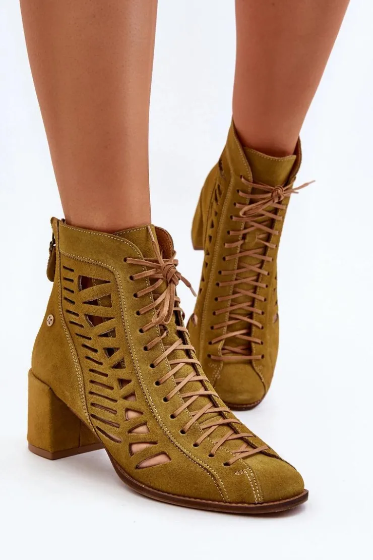 Damskie Maciejka Zamszowe Ażurowe Botki 05508-24 Oliwkowe