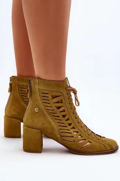 Damskie Maciejka Zamszowe Ażurowe Botki 05508-24 Oliwkowe