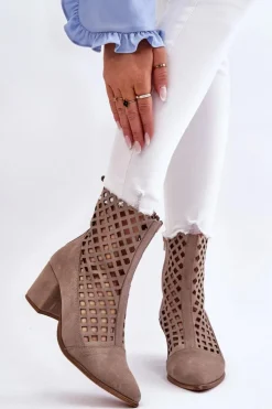 Damskie Boto Zamszowe Ażurowe Botki Na Obcasie Nicole 2638 Cappuccino