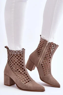 Damskie Boto Zamszowe Ażurowe Botki Na Obcasie Nicole 2638 Cappuccino