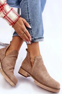 Boto Botki Wiosenne|Botki Ażurowe*Zamszowe Ażurowe Botki Na Płaskim Obcasie Ciemnobeżowe Angie