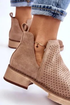 Boto Botki Wiosenne|Botki Ażurowe*Zamszowe Ażurowe Botki Na Płaskim Obcasie Ciemnobeżowe Angie