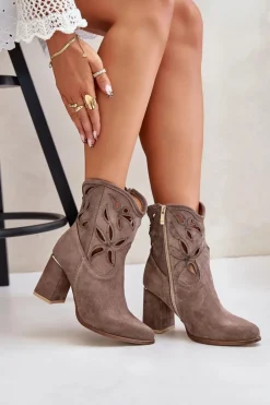 Damskie Boto Zamszowe Ażurowe Botki Na Słupku Lewski 3629 Ciemnobeżowe